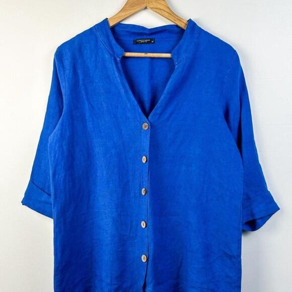 Linen tunic style button down top | Lungo L’Arno - made in Italy || M | Blue - Picture 2 of 5